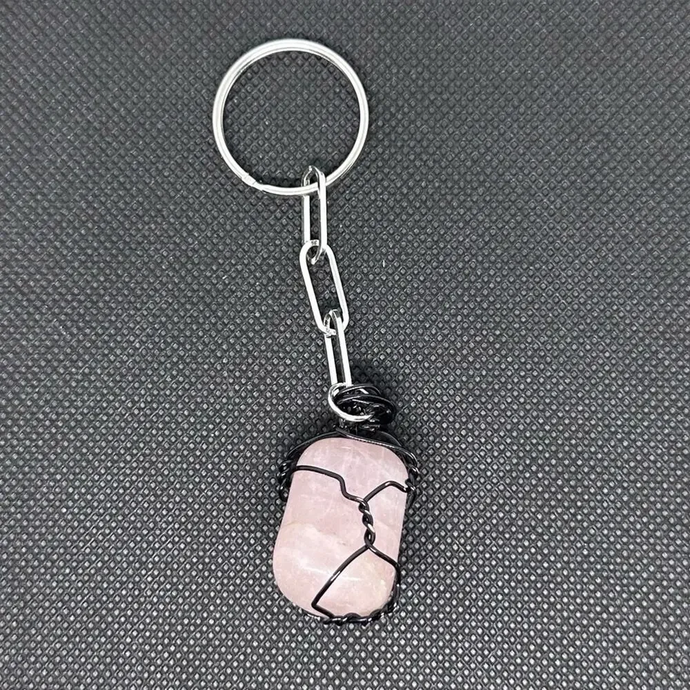 Rose quartz keychain polished stone distressed wire wrap handmade